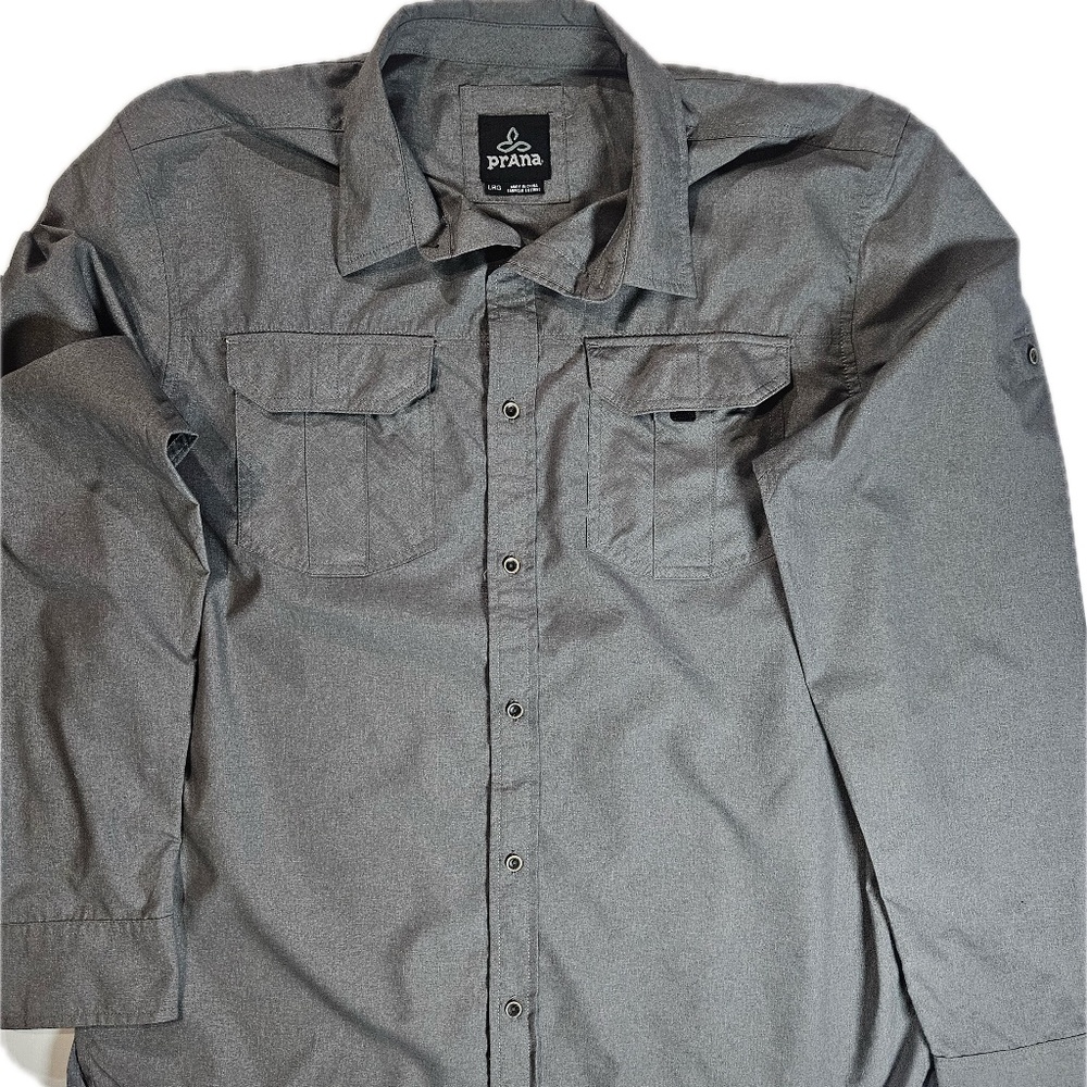 prAna Shirt‎ Mens Large Gray Long Sleeve Button Down Outdoor Travel Hiking Tech